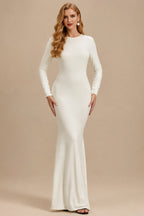 Rutipo Ivory Trumpet/Mermaid Scoop Neck Long Sleeves Floor-Length Jersey Wedding Dresses With Bow(s)