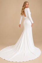 Rutipo Ivory Sheath/Column Square Neckline Long Sleeves Chapel Train Elastic Satin Wedding Dresses