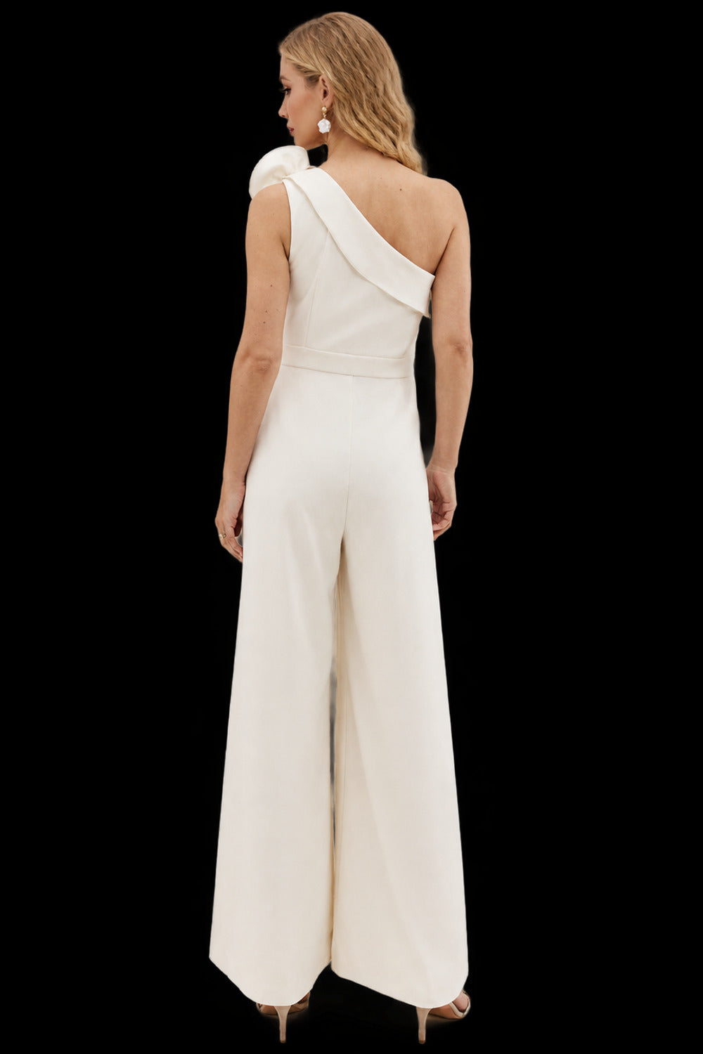 Rutipo Ivory Jumpsuit/Pantsuit One-Shoulder Sleeveless Floor-Length Elastic Satin Wedding Dresses With Flower(s)