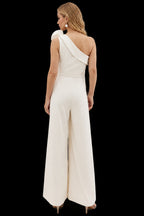 Rutipo Ivory Jumpsuit/Pantsuit One-Shoulder Sleeveless Floor-Length Elastic Satin Wedding Dresses With Flower(s)
