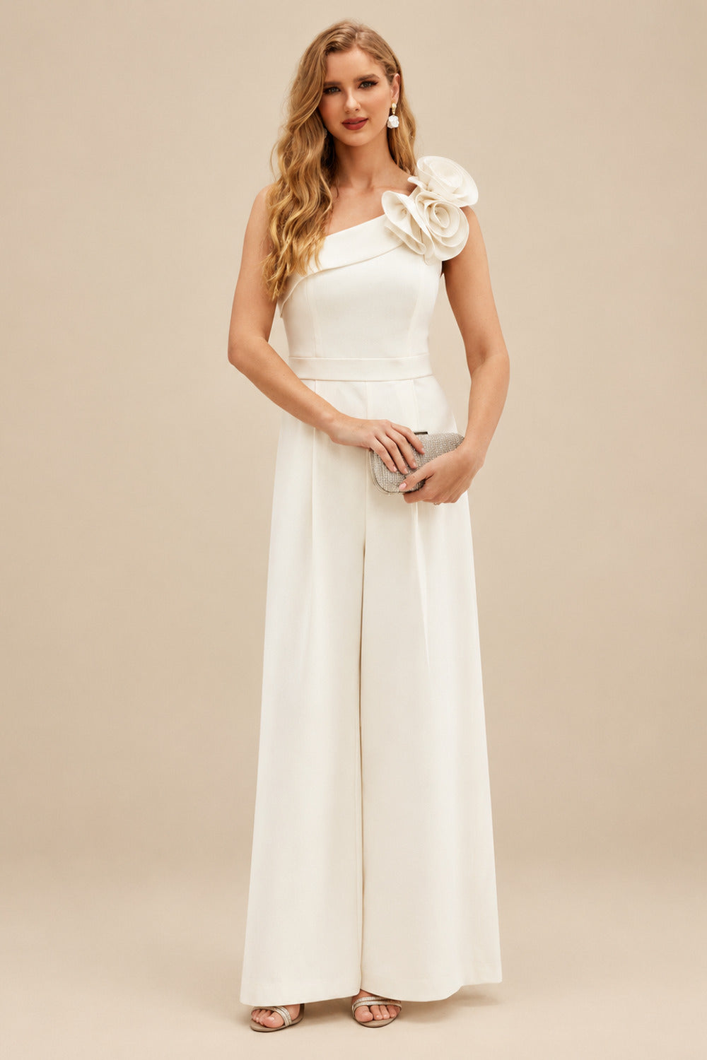 Rutipo Ivory Jumpsuit/Pantsuit One-Shoulder Sleeveless Floor-Length Elastic Satin Wedding Dresses With Flower(s)