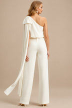 Rutipo Ivory Jumpsuit/Pantsuit One-Shoulder Sleeveless Floor-Length Elastic Satin Wedding Dresses With Bow(s)/Sweeping Side Drape