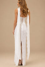 Rutipo White Sheath/Column Sweetheart Sleeveless Floor-Length Lace/Matte Satin Wedding Dress With Appliques Lace