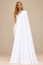 Rutipo White A-Line Off-The-Shoulder Long Sleeves Tea-Length Matte Satin Wedding Dresses With Lace