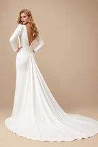 Rutipo Ivory Trumpet/Mermaid Scoop Neck Long Sleeves Court Train Elastic Satin Bride Wedding Dress With Appliques Lace