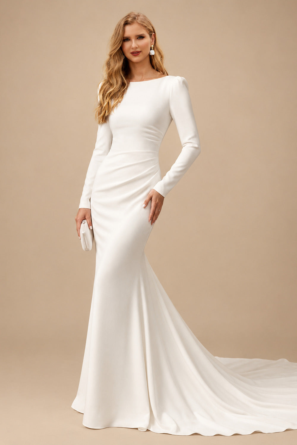 Rutipo Ivory Trumpet/Mermaid Scoop Neck Long Sleeves Court Train Elastic Satin Bride Wedding Dress With Appliques Lace