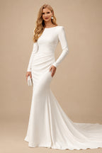 Rutipo Ivory Trumpet/Mermaid Scoop Neck Long Sleeves Court Train Elastic Satin Bride Wedding Dress With Appliques Lace