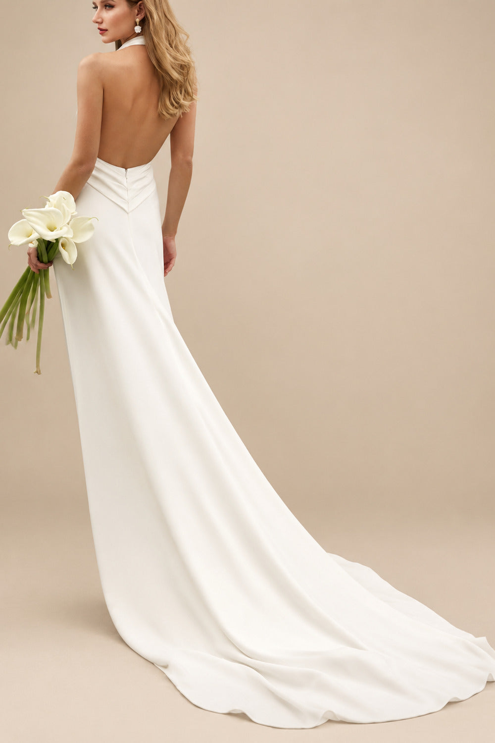 Rutipo Ivory Trumpet/Mermaid Halter/Plunge Neck Sleeveless Cathedral Crepe Satin Wedding Dresses With Flower(s)