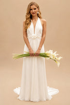 Rutipo Ivory Trumpet/Mermaid Halter/Plunge Neck Sleeveless Cathedral Crepe Satin Wedding Dresses With Flower(s)