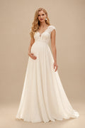 Rutipo Ivory A-Line V-Neck Cape Sleeves Floor-Length Chiffon/Lace Wedding Dresses With Appliques Lace