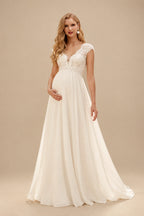 Rutipo Ivory A-Line V-Neck Cape Sleeves Floor-Length Chiffon/Lace Wedding Dresses With Appliques Lace