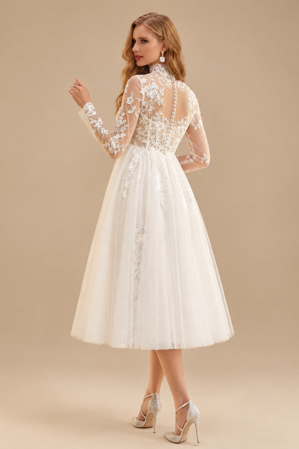 Rutipo Ivory A-Line High Neck Long Sleeves Tea-Length Lace/Tulle Maternity Wedding Dresses With Appliques Lace