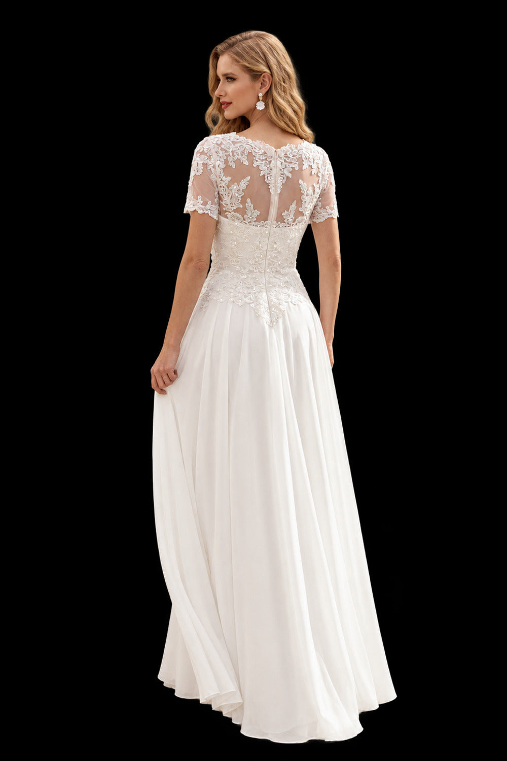 Rutipo Ivory A-Line Scoop Neck Short Sleeves Floor-Length Chiffon Wedding Dress With Lace