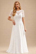 Rutipo Ivory A-Line Scoop Neck Short Sleeves Floor-Length Chiffon Wedding Dress With Lace