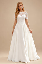Rutipo Ivory A-Line Scoop Neck Short Sleeves Floor-Length Chiffon Wedding Dress With Lace