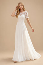 Rutipo Ivory A-Line Scoop Neck Short Sleeves Floor-Length Chiffon Wedding Dress With Lace