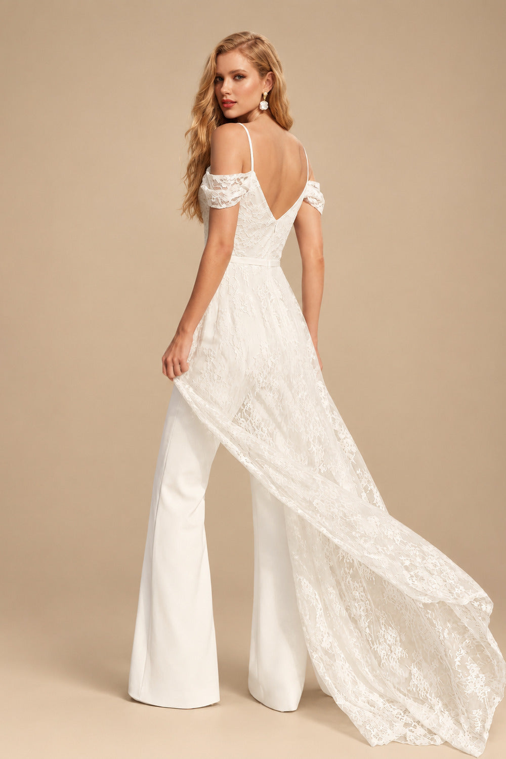 Rutipo Ivory Jumpsuit/Pantsuit V-Neck Sleeveless Floor-Length Lace/Elastic Satin Wedding Dresses With Overskirt Dress