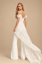 Rutipo Ivory Jumpsuit/Pantsuit V-Neck Sleeveless Floor-Length Lace/Elastic Satin Wedding Dresses With Overskirt Dress