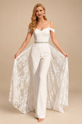 Rutipo Ivory Jumpsuit/Pantsuit V-Neck Sleeveless Floor-Length Lace/Elastic Satin Wedding Dresses With Overskirt Dress