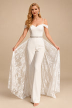 Rutipo Ivory Jumpsuit/Pantsuit V-Neck Sleeveless Floor-Length Lace/Elastic Satin Wedding Dresses With Overskirt Dress