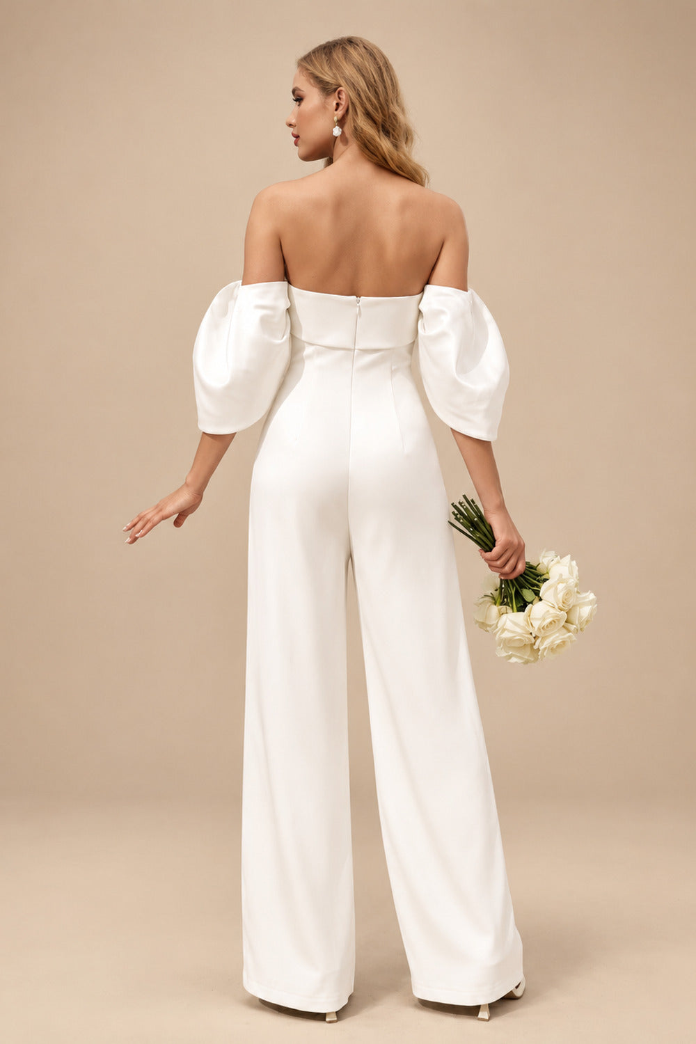 Rutipo Ivory Jumpsuit/Pantsuit Off-The-Shoulder Sleeveless Floor-Length Satin Wedding Dresses