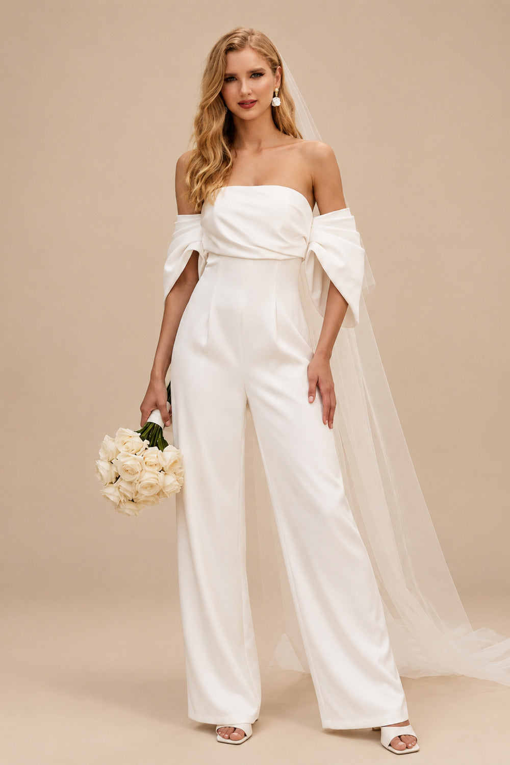 Rutipo Ivory Jumpsuit/Pantsuit Off-The-Shoulder Sleeveless Floor-Length Satin Wedding Dresses