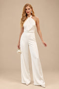 Rutipo Ivory Jumpsuit/Pantsuit Halter Sleeveless Floor-Length Crepe Satin Wedding Dresses