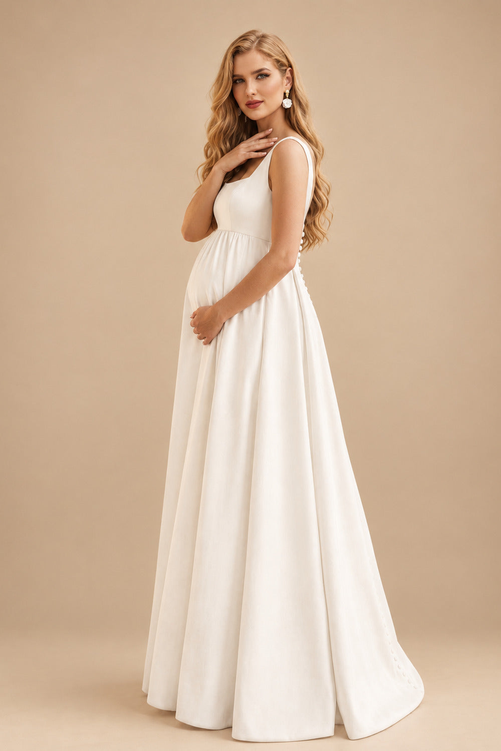 Rutipo Ivory A-Line Square Neckline Sleeveless Sweep Train Satin Maternity Wedding Dresses