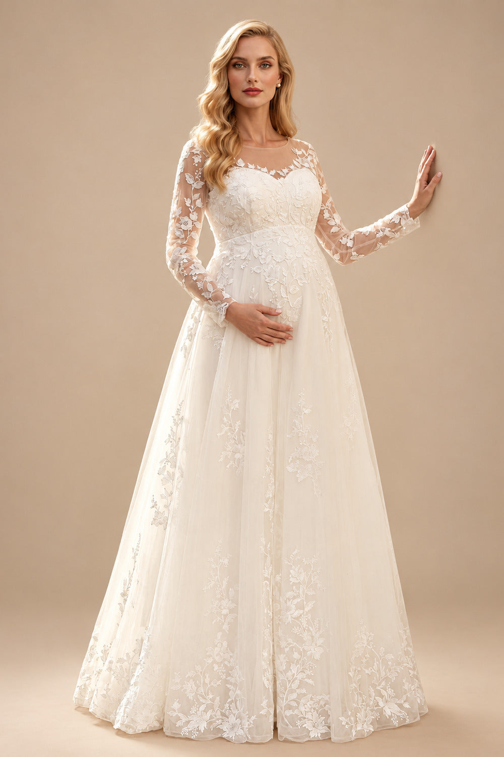 Rutipo Ivory A-Line Scoop Neck Long Sleeves Floor-Length Chiffon/Tulle Maternity Wedding Dresses With Appliques Lace