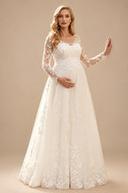 Rutipo Ivory A-Line Scoop Neck Long Sleeves Floor-Length Chiffon/Tulle Maternity Wedding Dresses With Appliques Lace