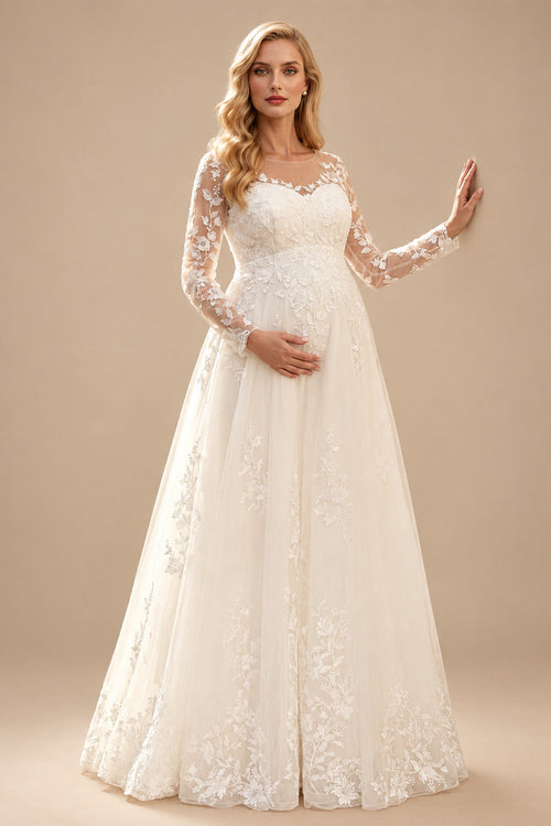 Rutipo Ivory A-Line Scoop Neck Long Sleeves Floor-Length Chiffon/Tulle Maternity Wedding Dresses With Appliques Lace