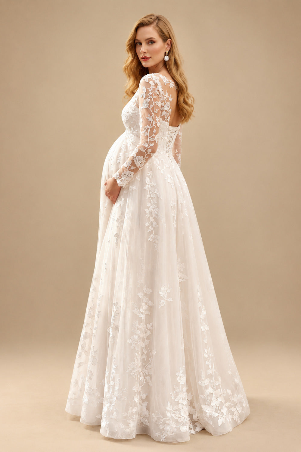 Rutipo Ivory A-Line Scoop Neck Long Sleeves Floor-Length Chiffon/Tulle Maternity Wedding Dresses With Appliques Lace