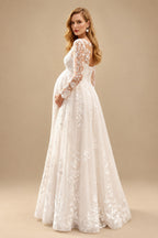 Rutipo Ivory A-Line Scoop Neck Long Sleeves Floor-Length Chiffon/Tulle Maternity Wedding Dresses With Appliques Lace