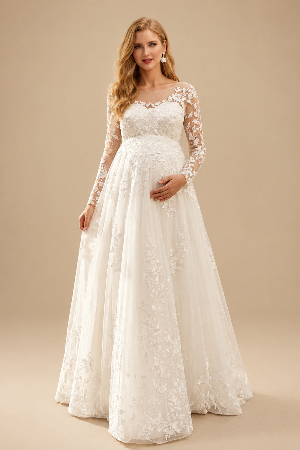 Rutipo Ivory A-Line Scoop Neck Long Sleeves Floor-Length Chiffon/Tulle Maternity Wedding Dresses With Appliques Lace