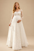 Rutipo Ivory A-Line Scoop Neck Long Sleeves Floor-Length Chiffon/Tulle Maternity Wedding Dresses With Appliques Lace