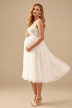 Rutipo Ivory A-Line Sweetheart Sleeveless Tea-Length Satin/Tulle Maternity Wedding Dresses