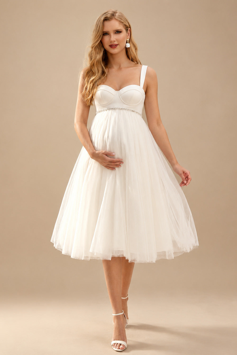 Rutipo Ivory A-Line Sweetheart Sleeveless Tea-Length Satin/Tulle Maternity Wedding Dresses
