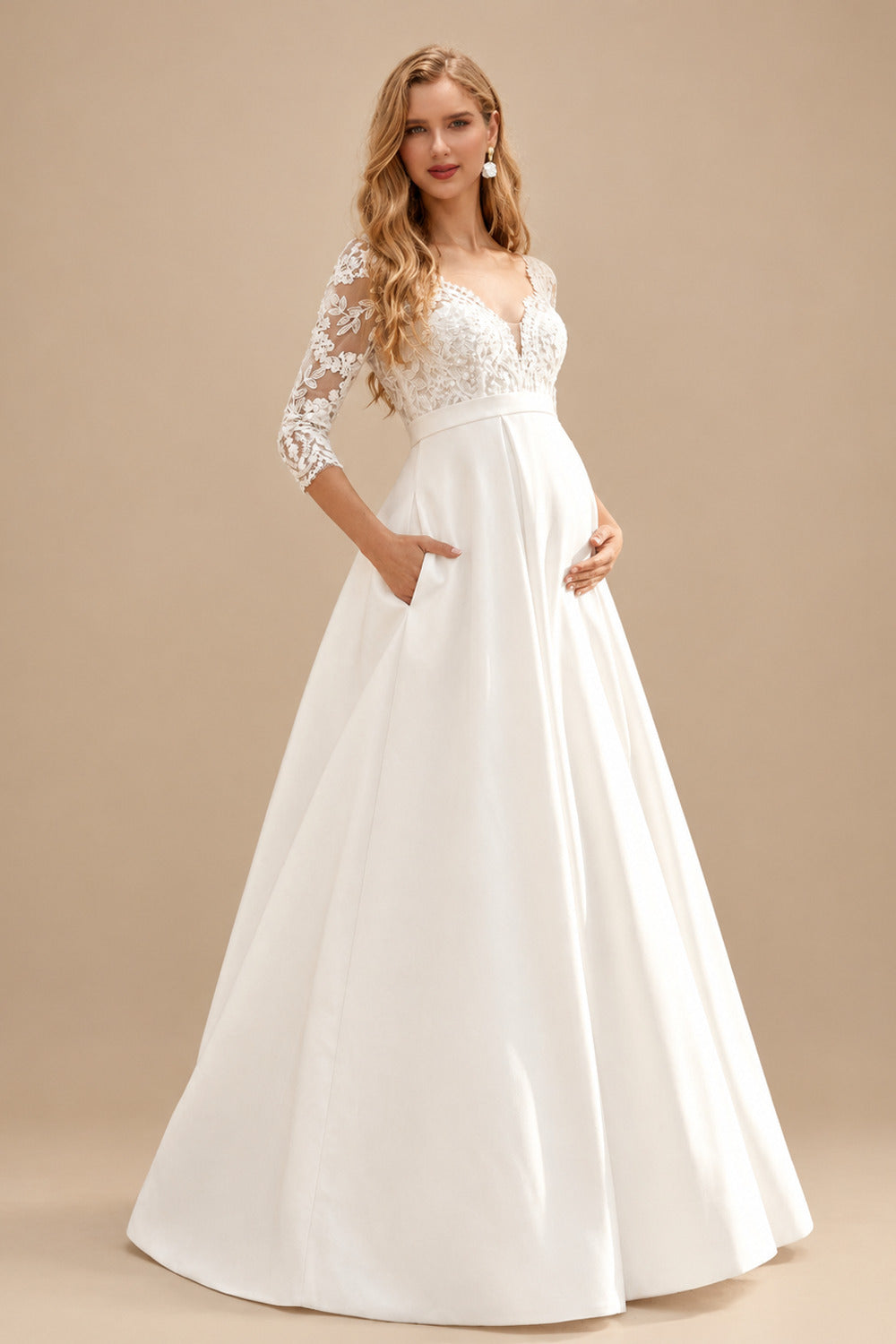 Rutipo Ivory A-Line V-Neck 3/4 Sleeves Floor-Length Satin/Tulle Maternity Wedding Dresses With Appliques Lace