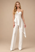 Rutipo Ivory Two Piece Asymmetrical Sleeveless Floor-Length Matte Satin Wedding Dresses