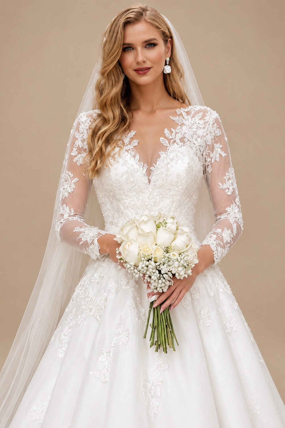 Rutipo Ivory Ball-Gown V-Neck Long Sleeves Chapel Train Lace/Tulle Wedding Dress With Appliques Lace
