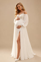 Rutipo Ivory A-Line Off-The-Shoulder Long Sleeves Floor-Length Chiffon Maternity Wedding Dresses With Lace/High Split
