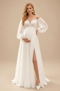 Rutipo Ivory A-Line Off-The-Shoulder Long Sleeves Floor-Length Chiffon Maternity Wedding Dresses With Lace/High Split