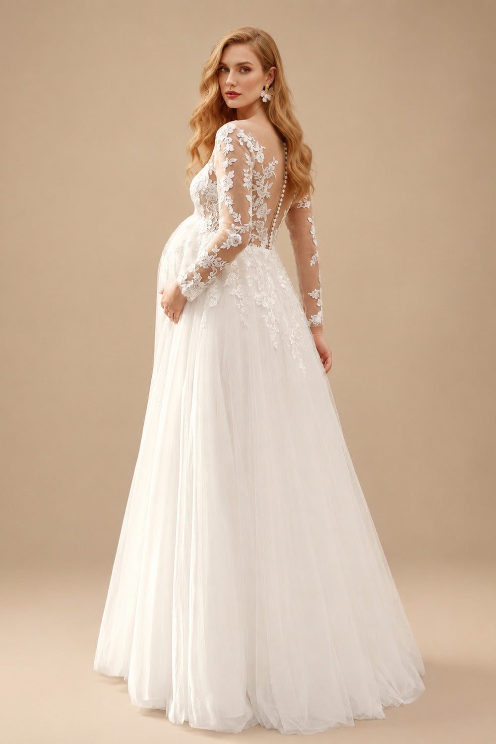 Rutipo Ivory A-Line Scoop Neck Long Sleeves Floor-Length Satin/Tulle Maternity Wedding Dresses With Appliques Lace