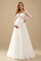 Rutipo Ivory A-Line Scoop Neck Long Sleeves Floor-Length Satin/Tulle Maternity Wedding Dresses With Appliques Lace