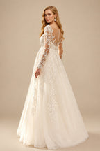 Rutipo Ivory A-Line Scoop Neck Long Sleeves Floor-Length Satin/Tulle Maternity Wedding Dresses With Appliques Lace