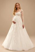 Rutipo Ivory A-Line Scoop Neck Long Sleeves Floor-Length Satin/Tulle Maternity Wedding Dresses With Appliques Lace