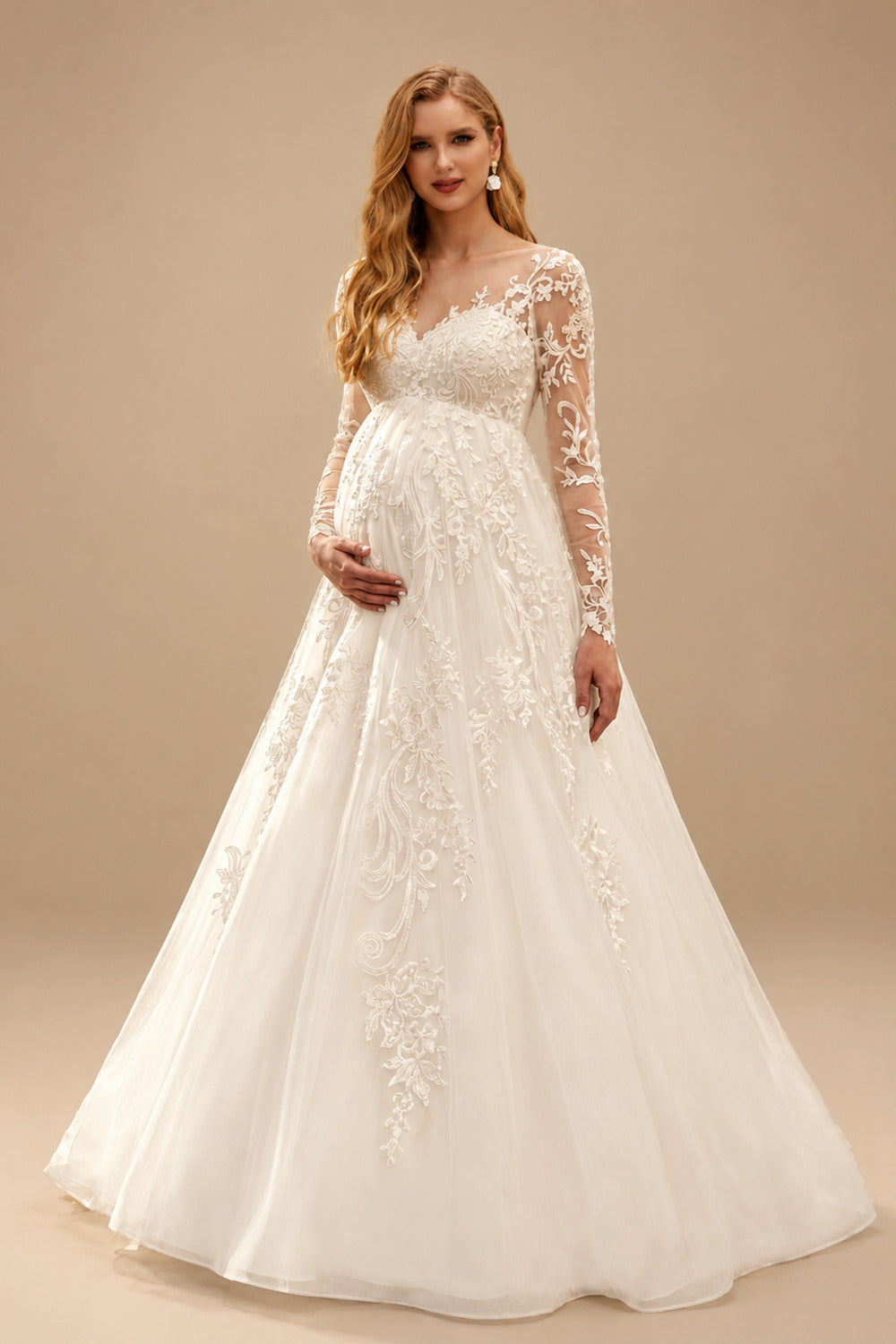 Rutipo Ivory A-Line Scoop Neck Long Sleeves Floor-Length Satin/Tulle Maternity Wedding Dresses With Appliques Lace