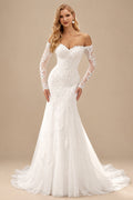 Rutipo Ivory Trumpet/Mermaid Off-The-Shoulder Long Sleeves Sweep Train Lace/Tulle Wedding Dresses With Appliques Lace