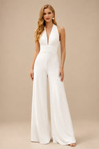 Rutipo Ivory Jumpsuit/Pantsuit Plunge Neck Sleeveless Floor-Length Crepe Satin Wedding Dresses