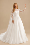 Rutipo Ivory Ball-Gown Scoop Neck Long Sleeves Sweep Train Lace/Satin Wedding Dresses With Appliques Lace